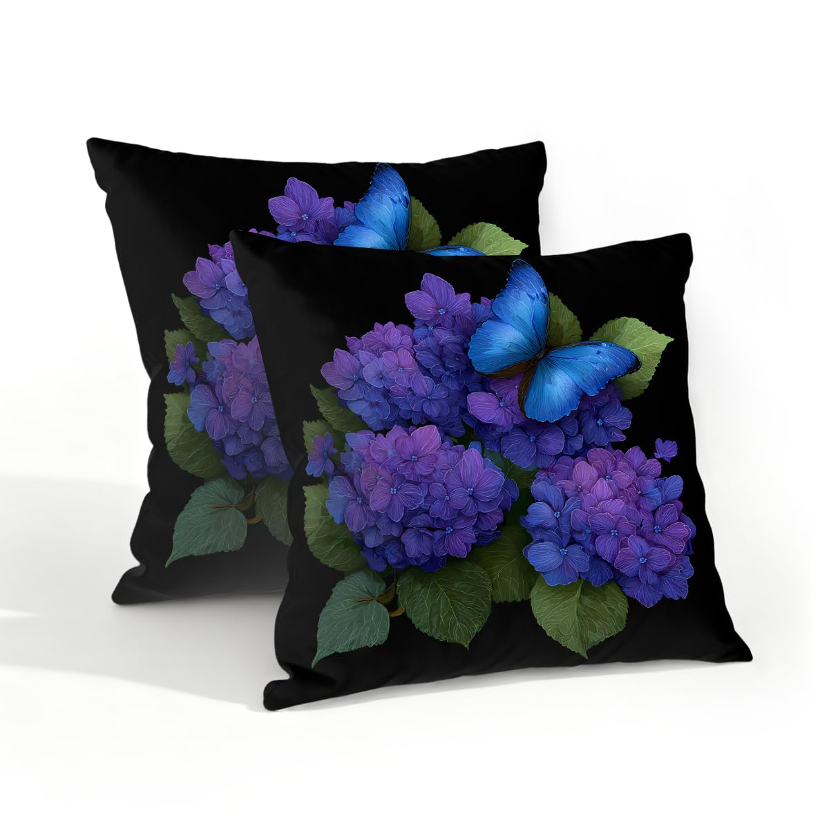 Outdoor Pillow Covers Waterproof Pillowcases 18x18in Set of 2 Blue Butterfly Purple Hydrangea Flower Decorative Throw Cushion Case for Couch Sofa Garden Patio Furniture