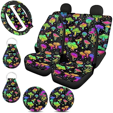 Upetstory Hippie Mushroom Seat Covers for Cars for Women Car Seat Cover Full Set Automotive Accessories with Steering Wheel Cover Shoulder Pad Cup Coaster Holder Keychains Cover