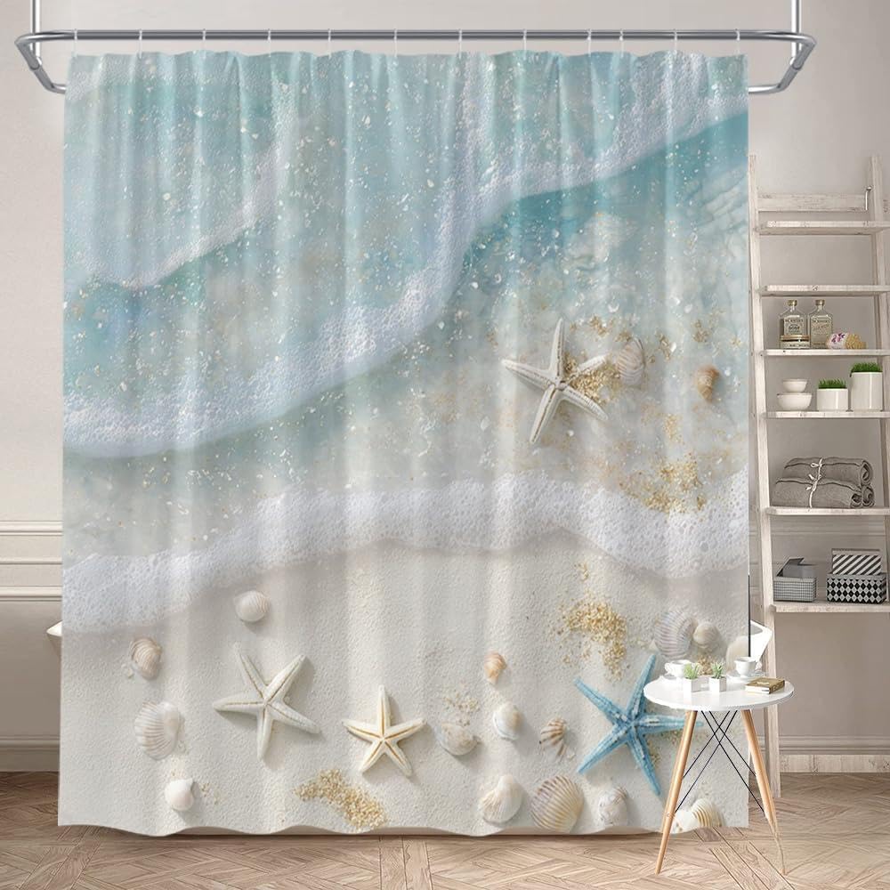 Glwdmb A-15 1 Piece 150X180cm Beach Starfish And Seashells Printed Shower Curtain With Hook, Polyester, For Windows And Walls, Bathtub, Bathroom, Machine Washable, All Season Universal