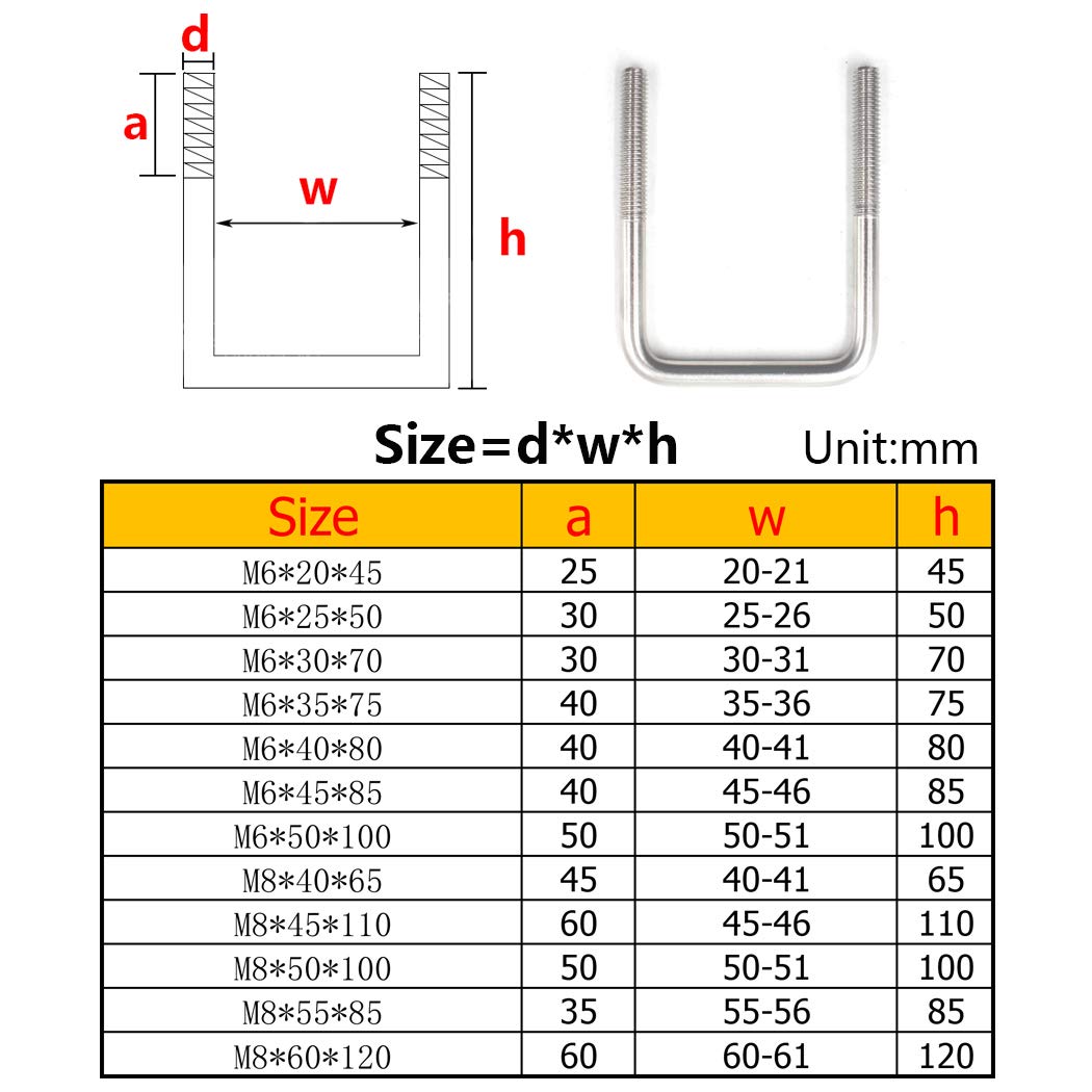 Cavallotto a U quadrato in acciaio inossidabile 304, M8 x 45 mm x 110 mm, da fissare (confezione da 2)