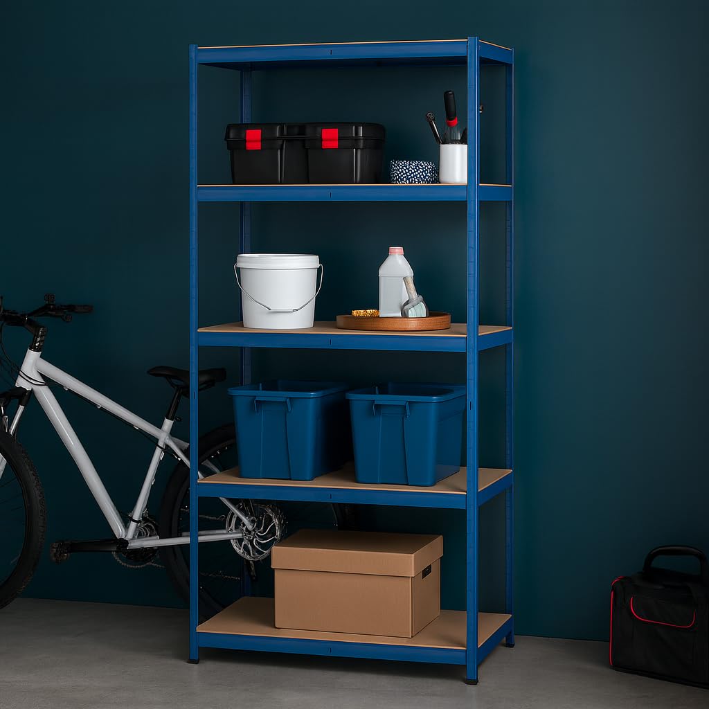 Scaffalatura in metallo resistente a 5 ripiani, scaffale in acciaio senza bulloni per garage, capannoni, magazzini, ufficio e casa, blu 150 cm x 70 cm x 30 cm, soluzione di archiviazione durevole e