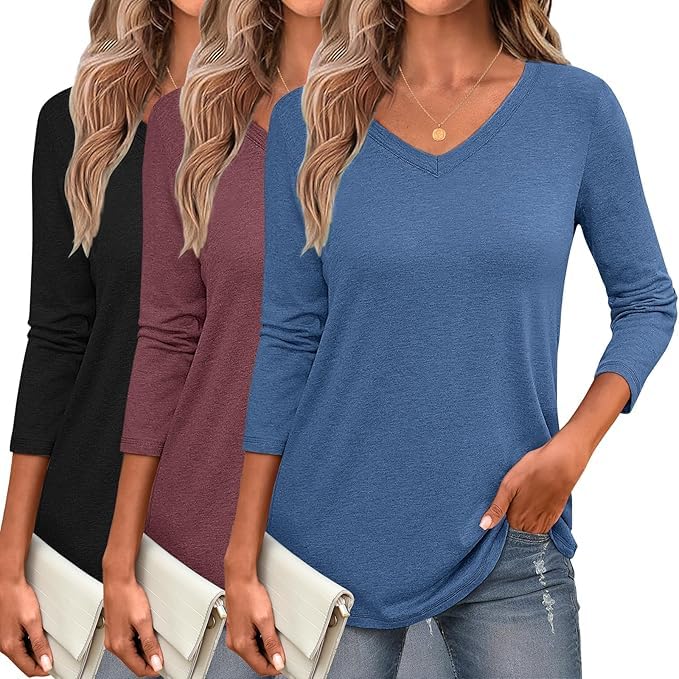 La Mejor Recopilación de Blusas y camisas para Mujer - los preferidos. 42 LYSSIID Camisa De 3 Piezas para Mujer, Manga 3/4 Casual Loose V-Neck Basic T-Shirt Top, Ropa De Verano Otoño (MX/US, Alfa, Grande, Regular, Regular, Negro + Azofaifo Rojo + Azul)