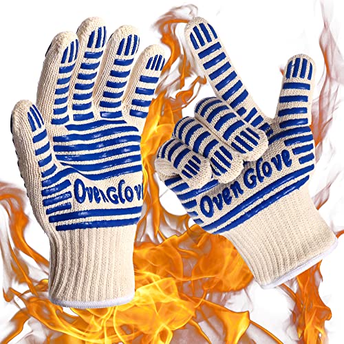 Kitchen Heat Resistant Gloves, EN407 Certified Microwave & Baking Gloves 932°F Non-Slip for Handling Hot Surfaces, Grills, Trays & Utensils (Blue 1 Pair)