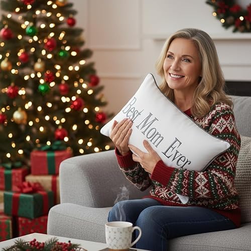 Miniatura 2 de Sanmetex Regalos para mamá de hijo e hija, funda de almohada lumbar, 12 x 20 pulgadas, bordada, marfil