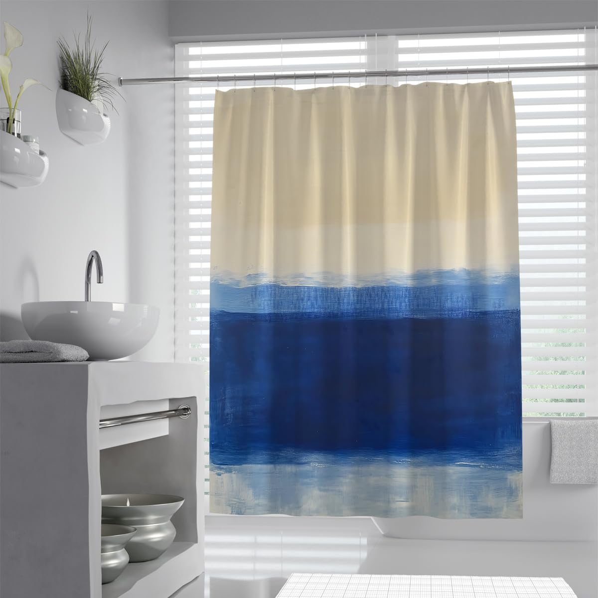 OLLIAR Home Blue and White Shower Curtains for Bathroom Decor Modern Abstract Geometric Cream Beige Navy Color Block Painting Soft Fabric Bath Curtain 220x200cm