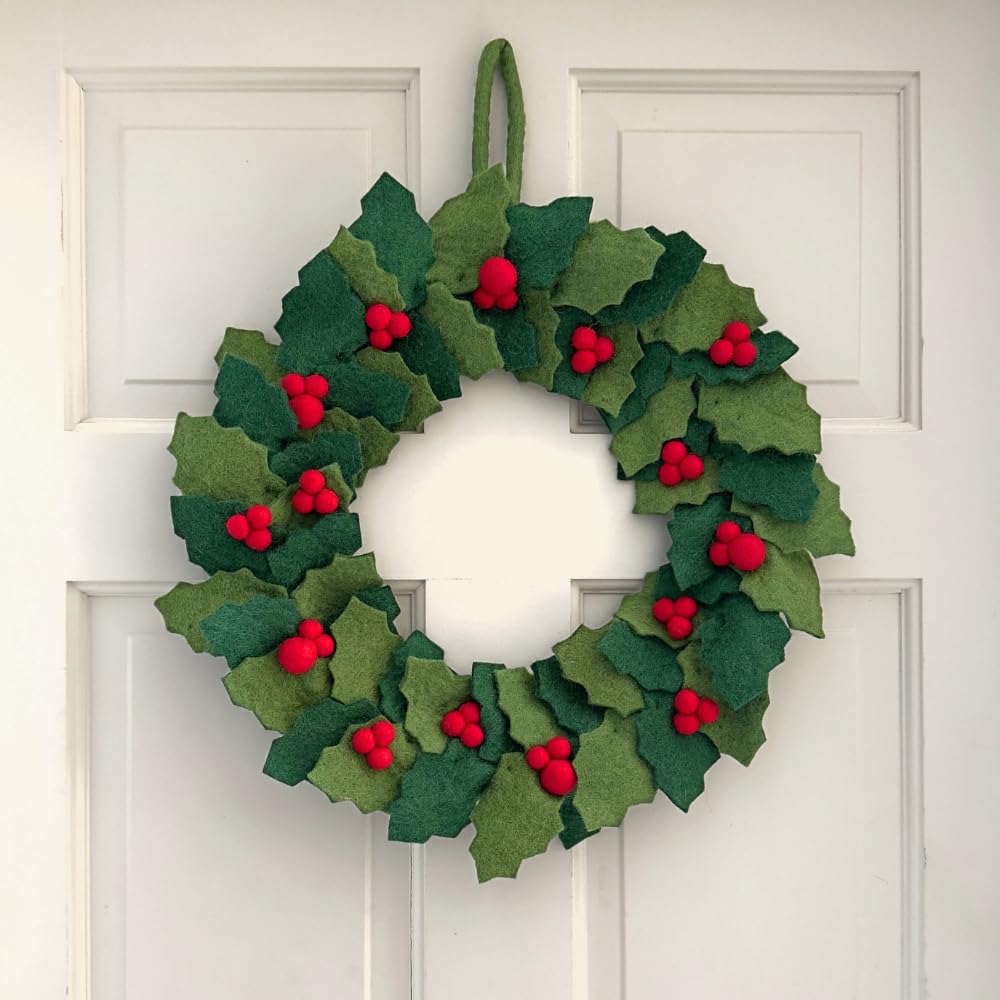 Humble Hilo Corona de flores de fieltro hecha a mano, corona de Navidad, decoración de otoño para puerta (corona navideña con bayas rojas)