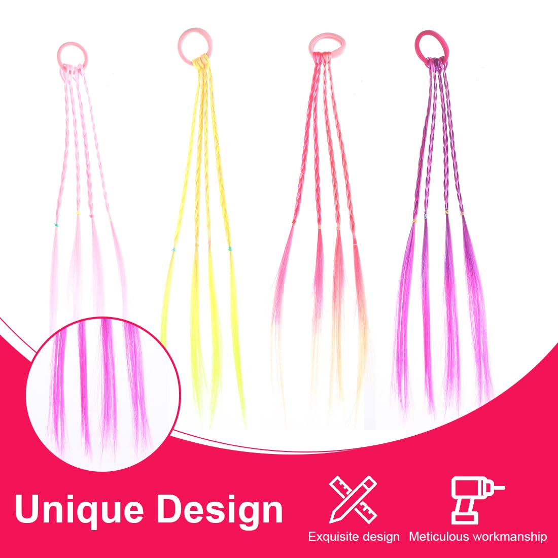 RAMGLYO 8 Pcs Multicolor Kids Rainbow Hair Extensions, 15.3'' Length, Clip-In, Braid Style - Image 4