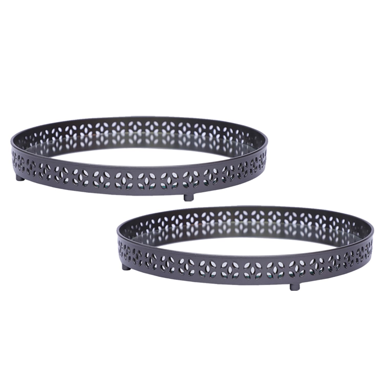 M1ss Grey (Set Of 2) Decorative Round Mirror Tray Decorative Metal Table Centerpiece For Perfume, Makeup, Jewelry, Cosmetic Tray For Living Room Bar Drink Party Home Kitchen Serving
