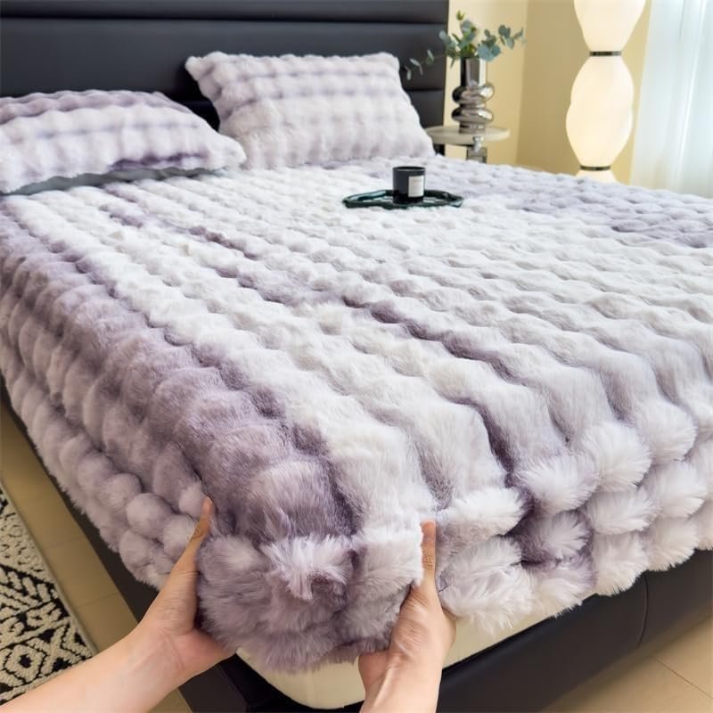 Milk Velvet Bedding Fitted Sheet Mattress Cover, Luxury Soft Fuzzy Bottom Sheet Velvet Fitted Faux Fur Bottom, Flannel Warm Tie Dyed Mattress Cover(Purple,Cal-King 78"x87")