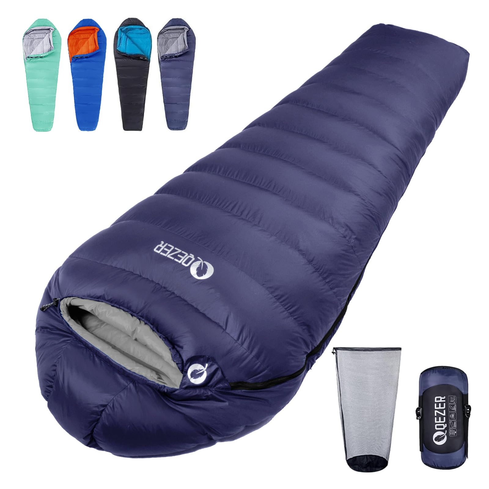 QEZER Down Sleeping Bag 4 Season, Lightweight Winter Sleeping Bag 0 Degree to -12 Degree C for Adults and Kid Camping, Hiking and Backpacking Outdoor Filled 600+FP Down (Blue)