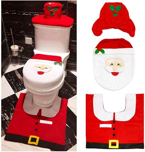 Yokawe Juego de 3 piezas de decoración de baño de nariz 3D de Navidad con funda de asiento de inodoro, alfombras, cubierta de tanque y cubierta de