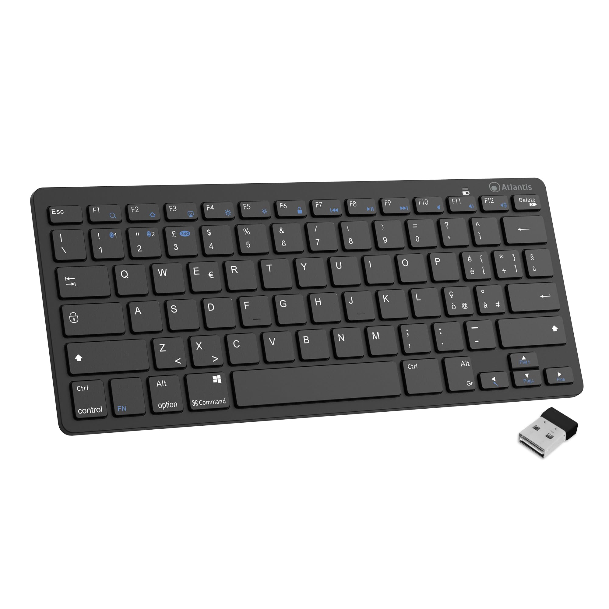 Atlantis ARGO 900 Mini Ultraslim klawiatura bezprzewodowa RF + Bluetooth, QWERTY 78 klawiszy czekoladowych do PC/notebooka/smartfona, tabletu/iOS/Android, kolor czarny