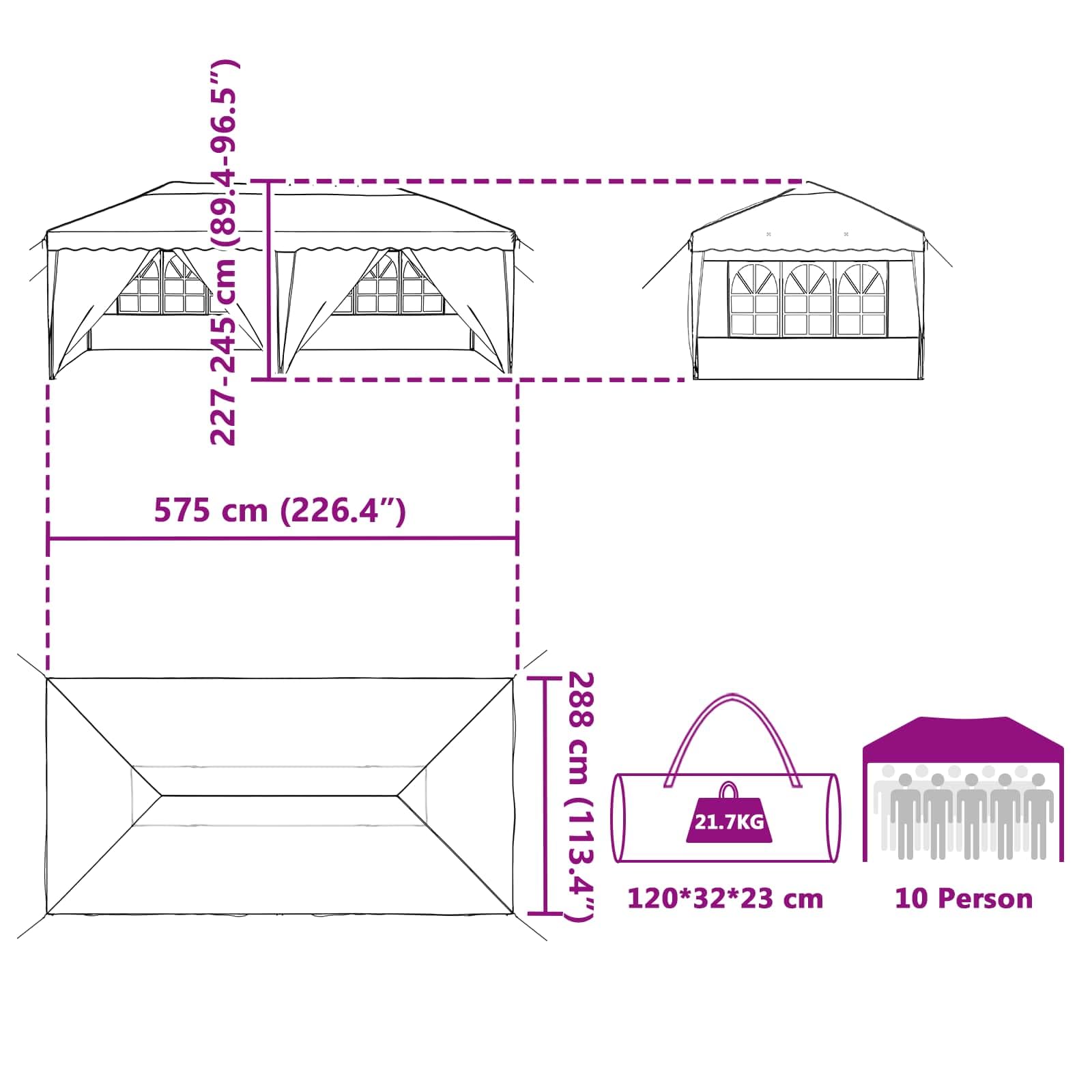 Pop-up namiot imprezowy bordowy o wymiarach 575 x 288 x 245 cm, składany namiot ogrodowy z 6 ściankami bocznymi, odporny na warunki atmosferyczne i promieniowanie UV, malowana proszkowo