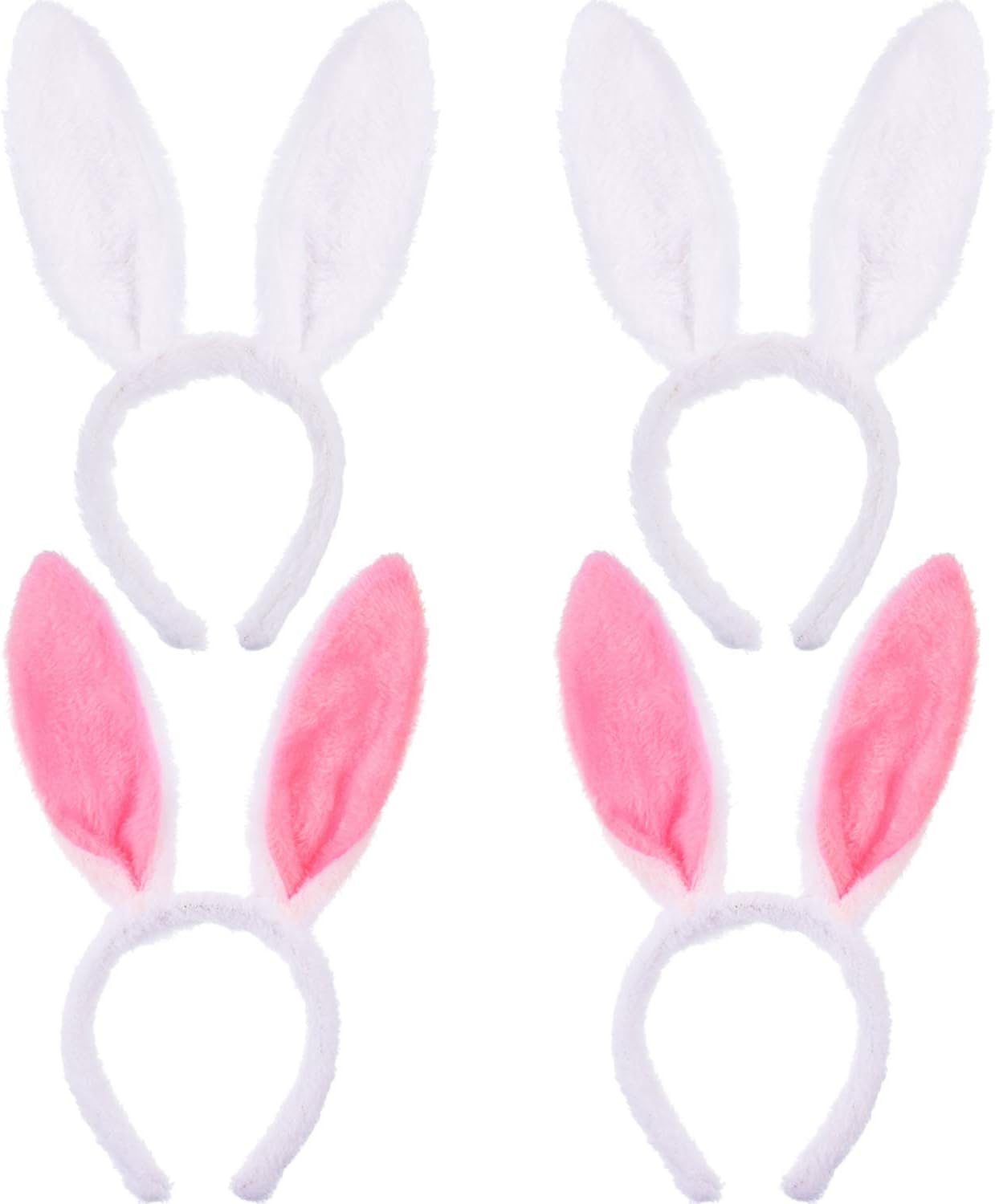 Bunny Ears 4 pieces Bunny Headband Plush White and Pink Rabbit Ears Hairbands for Easter Party Cosplay Supplies