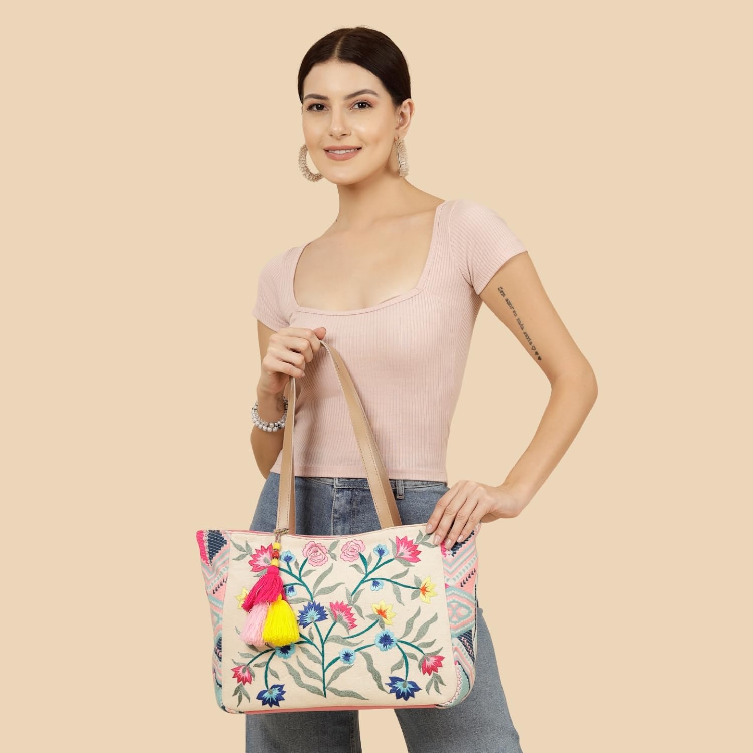 Anekaant Lush Floral Embroidered Cotton Jacquard Tote Bag | Large Multicolor Purse with Tassels for Women & Girls | Daily, Travel, Shopping & Gift Bag 4