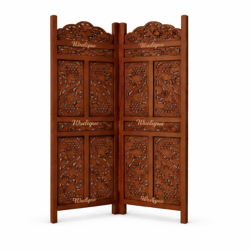 Wooden Room Divider | Privacy Screen Partition | Freestanding Folding Floor Panel | Decorative Carved Handicraft Separator for Living Room, Bedroom & Office (Brown, 6 feet 2 Panels - S-Frame)-image-47