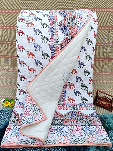 Image of 380 GSM Hand Block and Screen Small Camal and Heritage Haw Mahal Print Winter Cotton Double Bed Quilt Jaipuri Razai - King Size Red Multicolor, Rajai 90X105 Inch