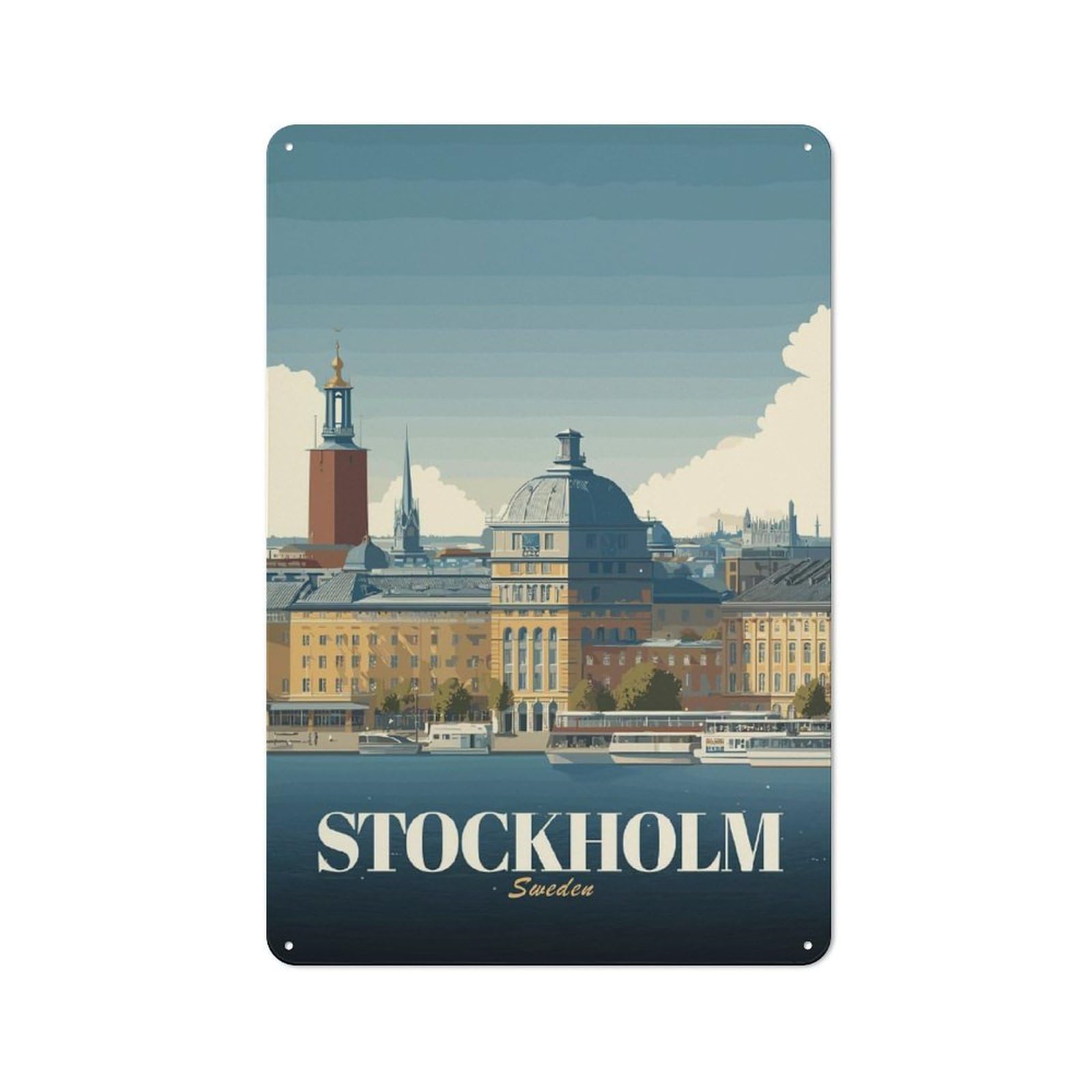 Junmoney Style-18 Tin Wall Plaque 30X20cm With Stockholm Sweden Cityscape For Dining Room Or Kitchen, A Winter Wall Decor Update For Dining Room Decor Fans
