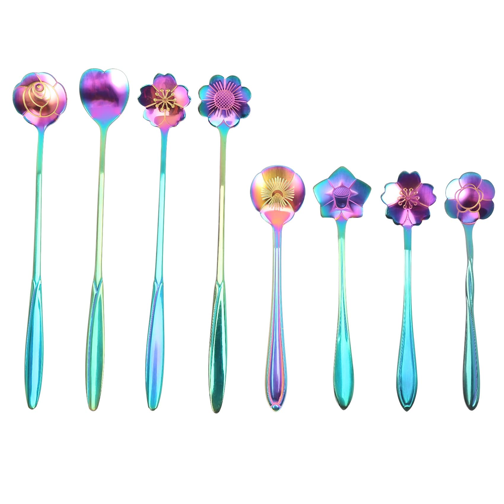 CTRLZS 8Pcs Flower Spoon Set, 2 Different Size Colorful Stainless Steel Teaspoons Rainbow Coffee Stirring Spoon
