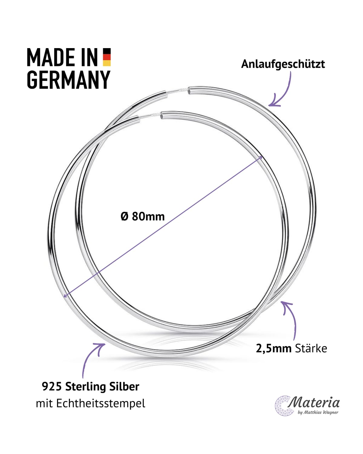 MATERIA by Matthias Wagner Silber Creolen 925 für Damen und Herren 2,5mm breit in 8 Größen
