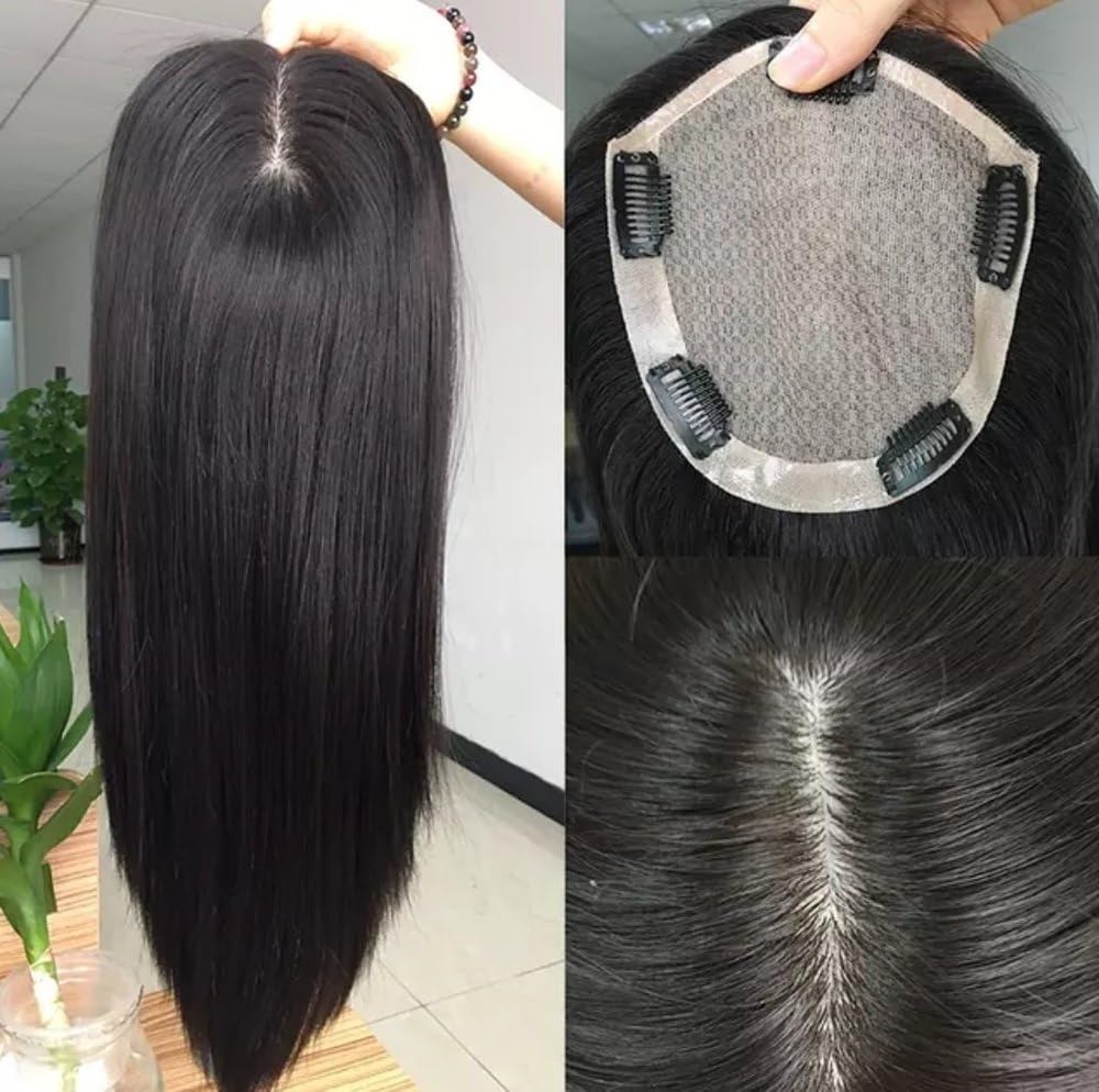 Middle Partition Straight Synthetic Hair Topper, Hairpiece/Hair Extensions for Women & Girls 4 x 4 Inches Silk Base Length 24 Inch (Black)-image-33