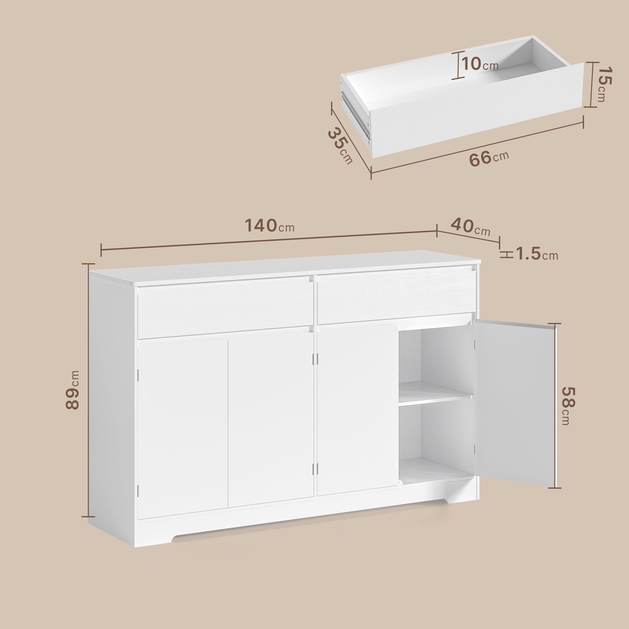 Xbro Buffet Cuisine avec 2 Tiroirs, Buffet à 4 Portes avec Étagère Réglable, Meuble de Rangement Multifonctionnel avec Coins Arrondis et Dispositif Anti-Basculement, pour Cuisine, Salon, Blanc