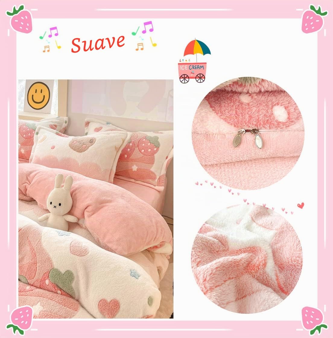 Juego de Funda nórdica Rosa con Fresas, Funda mullida con Dibujo Kawaii, Funda nórdica Suave para niños, Ropa de Cama tamaño Individual (Fresas)
