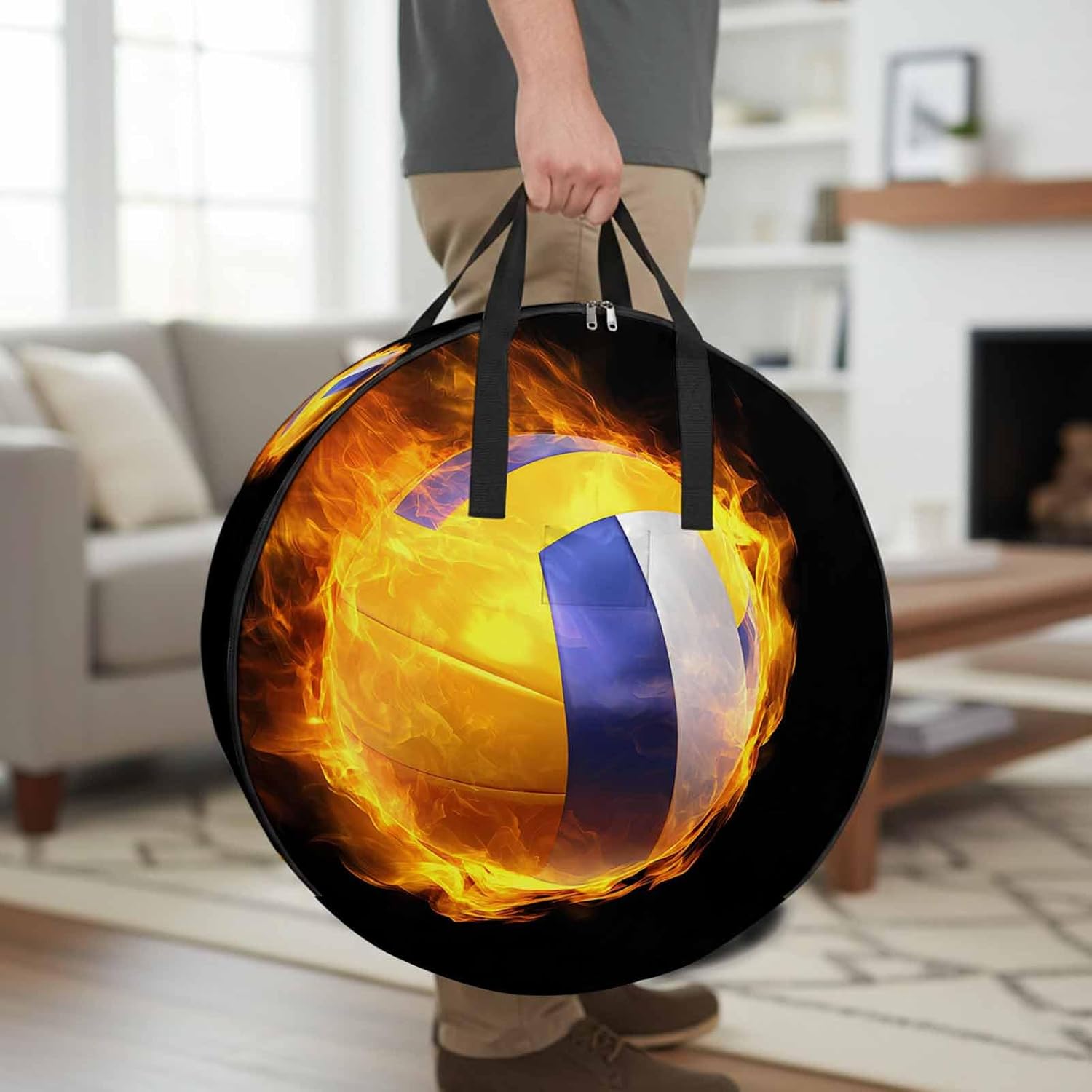 Storage Bag Flame Volleyball Round Storage Totes Bins Closet Organizers with Zippers & Handle Sports Black Clothes Storage Container for Bedroom Dorm Space Saving Packing Supplies Moving Bags
