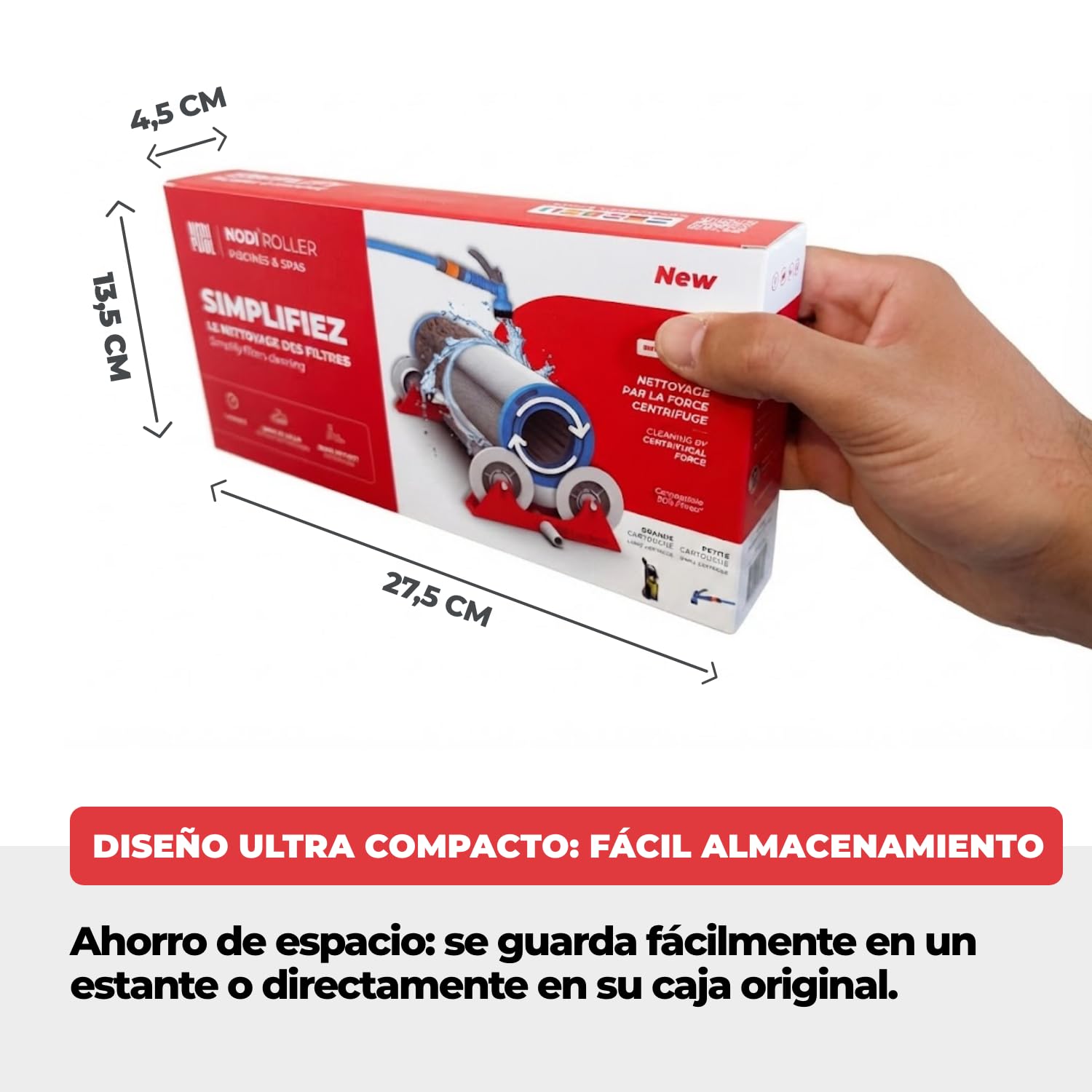 NODI Roller – Limpiador Rotativo de Cartuchos Filtro Piscina y SPA | Limpia en 1 Min | Ahorra 90% Agua | Limpio y Sin Esfuerzo | Compatible 95% Cartuchos | Chorro Potente o Hidrolimpiadora