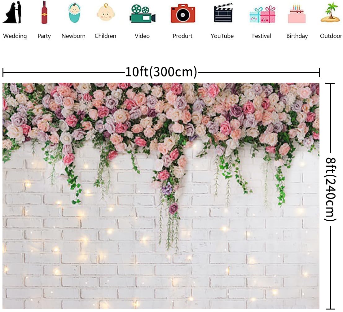 Yeele Fotohintergrund 3x2,4 M - Glitzer-Hintergrund Mit Weißen Ziegelsteinmauern & Blumen Für Hochzeiten, Partys, Studio