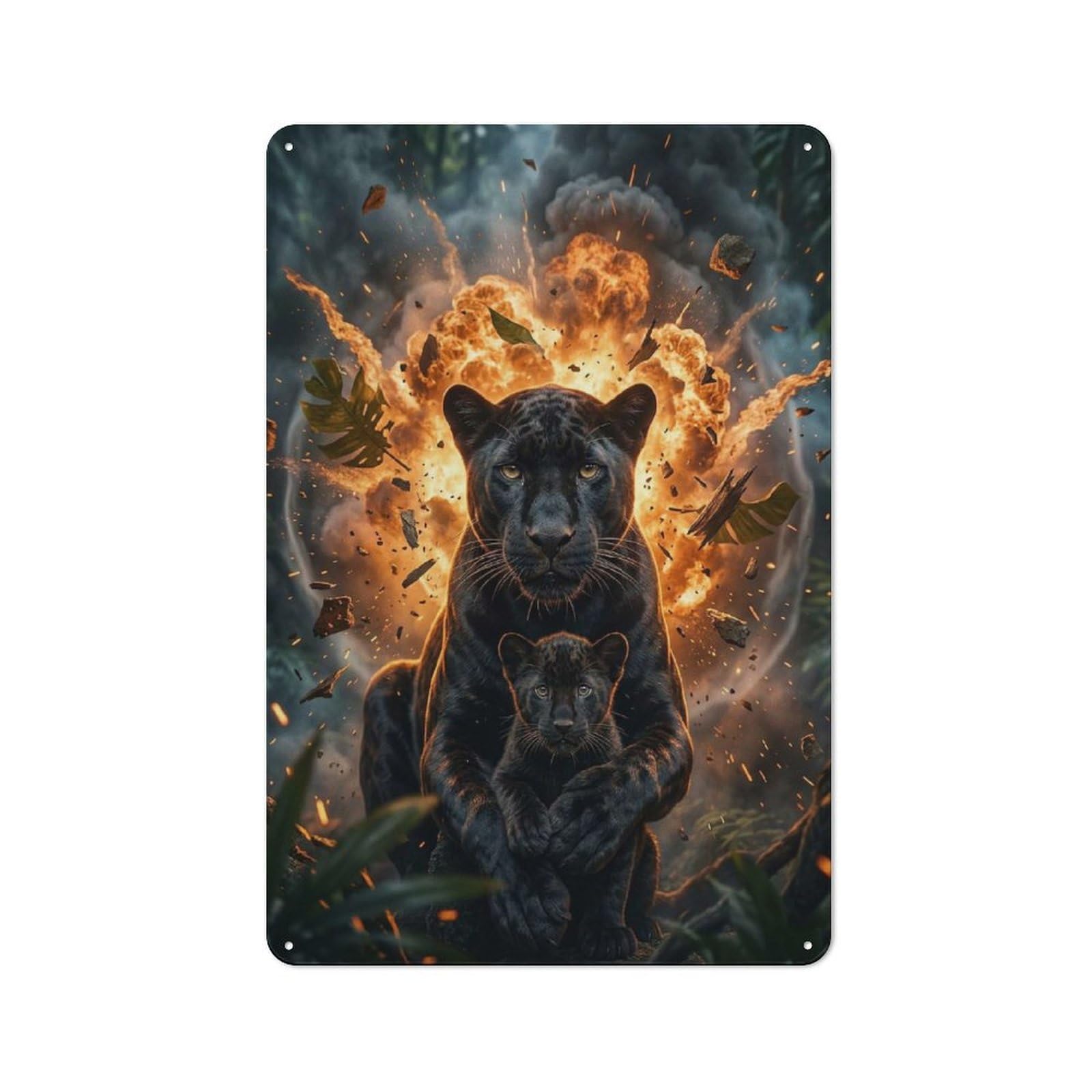 Junmoney Style-8 Vintage Metal Plaque 30X20cm Featuring Black Panther Mother And Cub In Jungle Explosion, Diner Style Decor For Restaurant, Kitchen, Counter Or Breakfast Nook