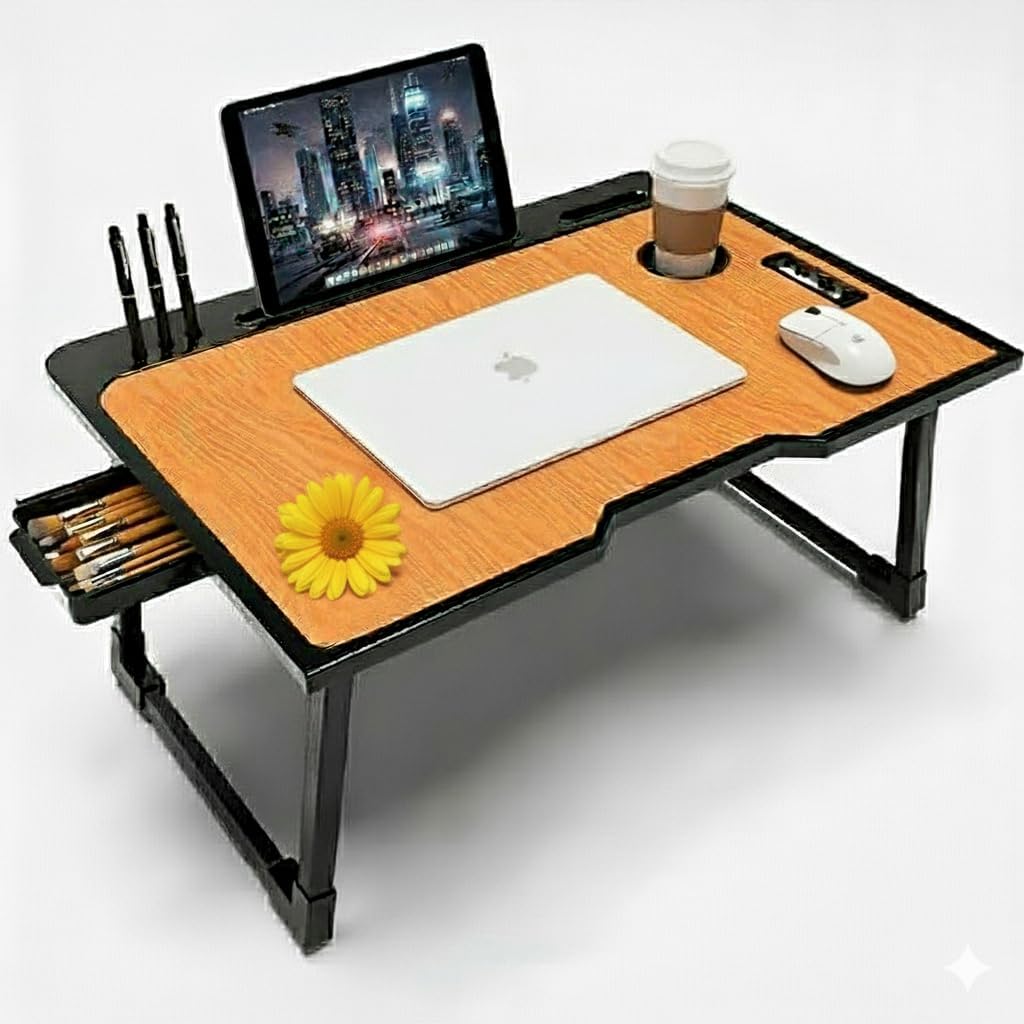 Derbus Foldable Wooden Mini Laptop Table for Bed, Smart Study Table with Drawer kids (MK-K-WOOD)