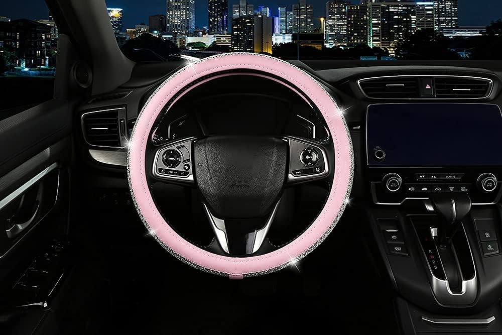 Bling Diamond Leather Steering Wheel Cover, Pink Steering Wheel Covers for Women Girls with Crystal Rhinestones, Universal Fit 14.5“-15" Car Steering Wheel Bling Cover Accessories