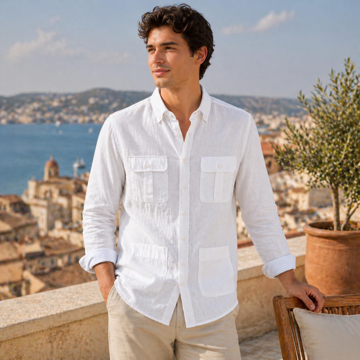 Camisa de Lino para Hombre, Manga Larga con 4 Bolsillos y Cuello Abotonado, Estilo Safari Casual para Verano y Playa, Camisa Guayabera Ligera y Transpirable