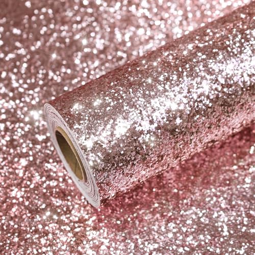 VEELIKE Thick Pink Glitter Peel and Stick Wallpaper 15.7''x354'' Chunky Sparkle Contact Paper for Accent Walls Girls Room Self Adhesive Removable Gillter Fabric Pink Wallpaper for Furniture Room Decor