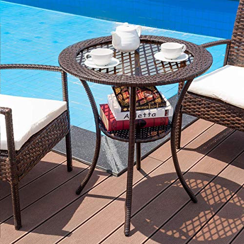 Tangkula 25 Inch Patio Wicker Coffee Table Outdoor Backyard Lawn Balcony Pool Round Tempered Glass Top Rattan Steel Frame Side Table Furniture W/Storage Shelf, Brown #TOP4