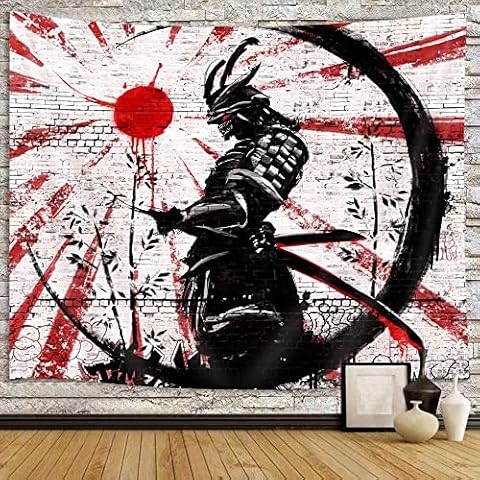 iTapnoom Japanese Samurai Art Decor Tapestry Wall Hanging for Bedroom, Cool Anime Red and Black Sun Moon Poster Wall Art Tapestries for Men, Asian Japan Male Blanket College Decorations (80X60) Cover