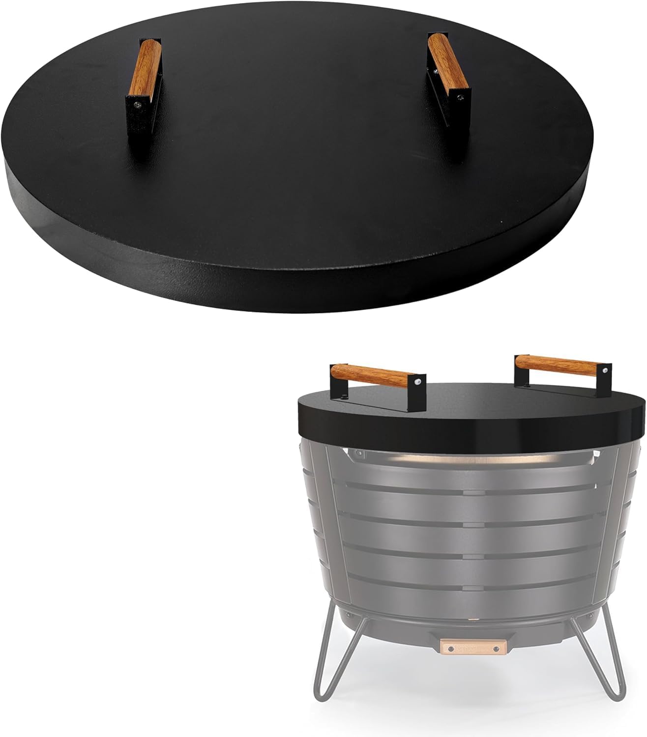 FEBTECH Fire Pit Solid Cover Compatible with Fire Pit Inside Up to 23" - Carbon Steel Tabletop FirePit Lid with 2 Heat Resistant Wooden Handles - FirePit Accessories Ideal for Family Gatherings