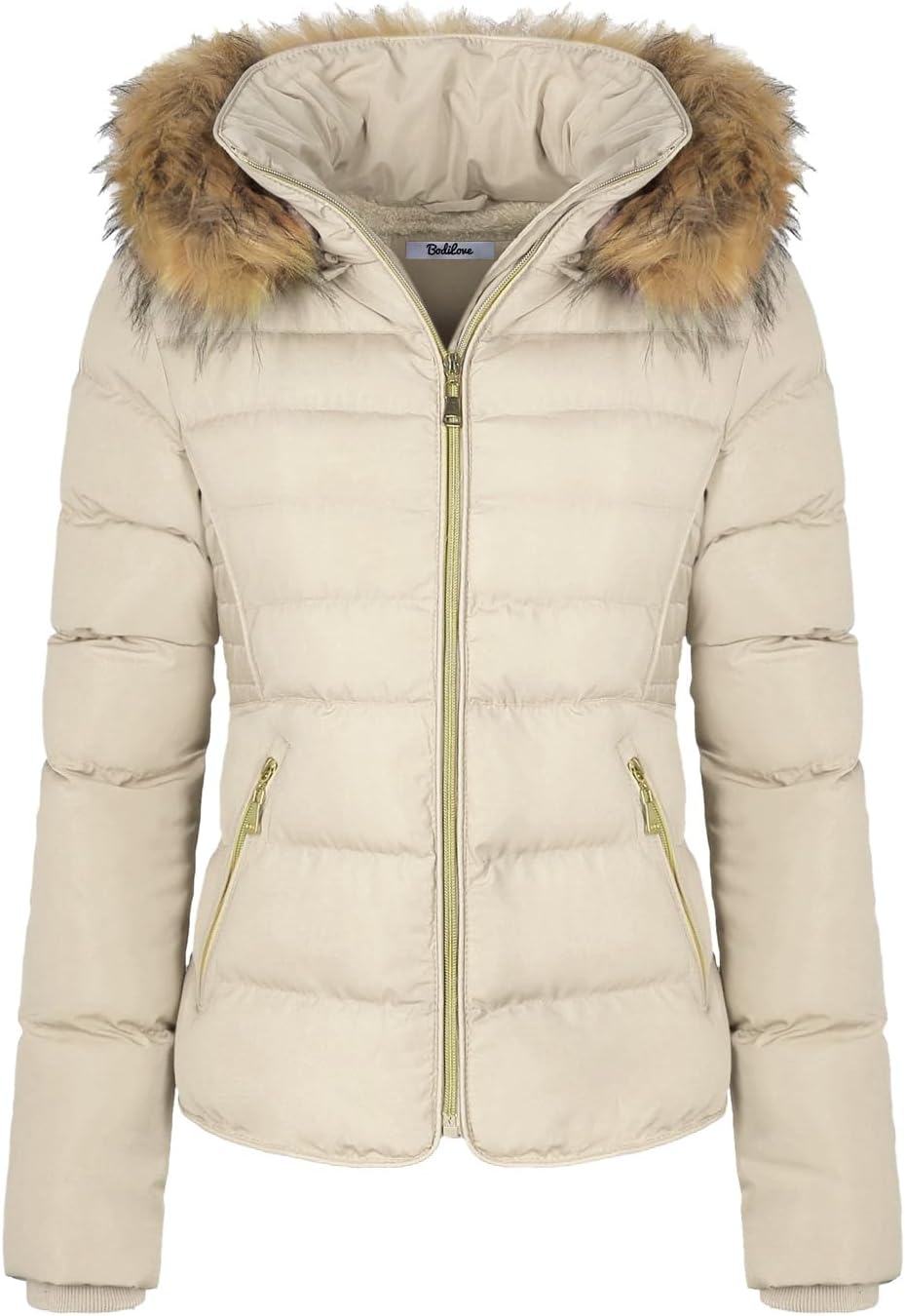 BodiLove Women's Winter Quilted Puffer Short Coat Jacket Plus Size with Removable Faux Fur Hood and Zipper Bone 1X - Image 4
