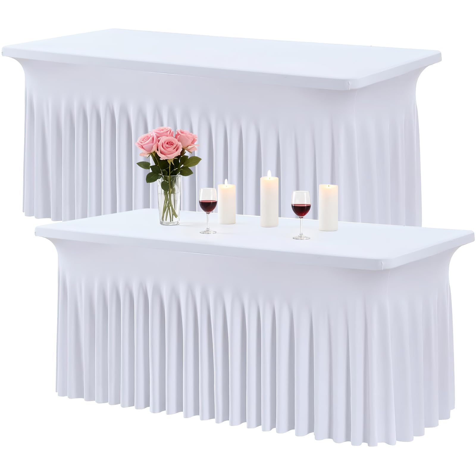 2 Pack White Table Skirts, Spandex Tablecloths for 6 ft Rectangular Tables
