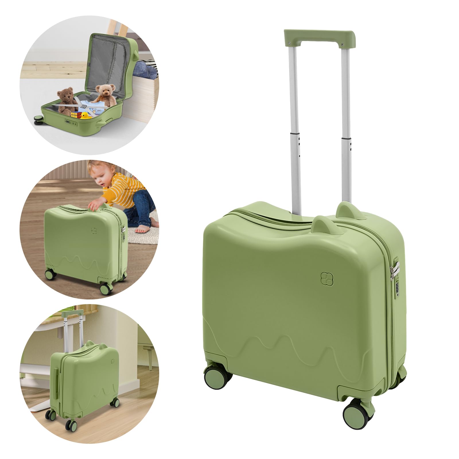 18 Zoll-Kinderkoffer, 37 L zum Draufsitzen Reisekoffer mit Passwort-Schloss Höhenverstellbaren 67＆85 cm Kindertrolley Handgepäck Koffer Tragkraft 50-60 kg für Kinder 3 bis 6 Jahren (Olivgrün)