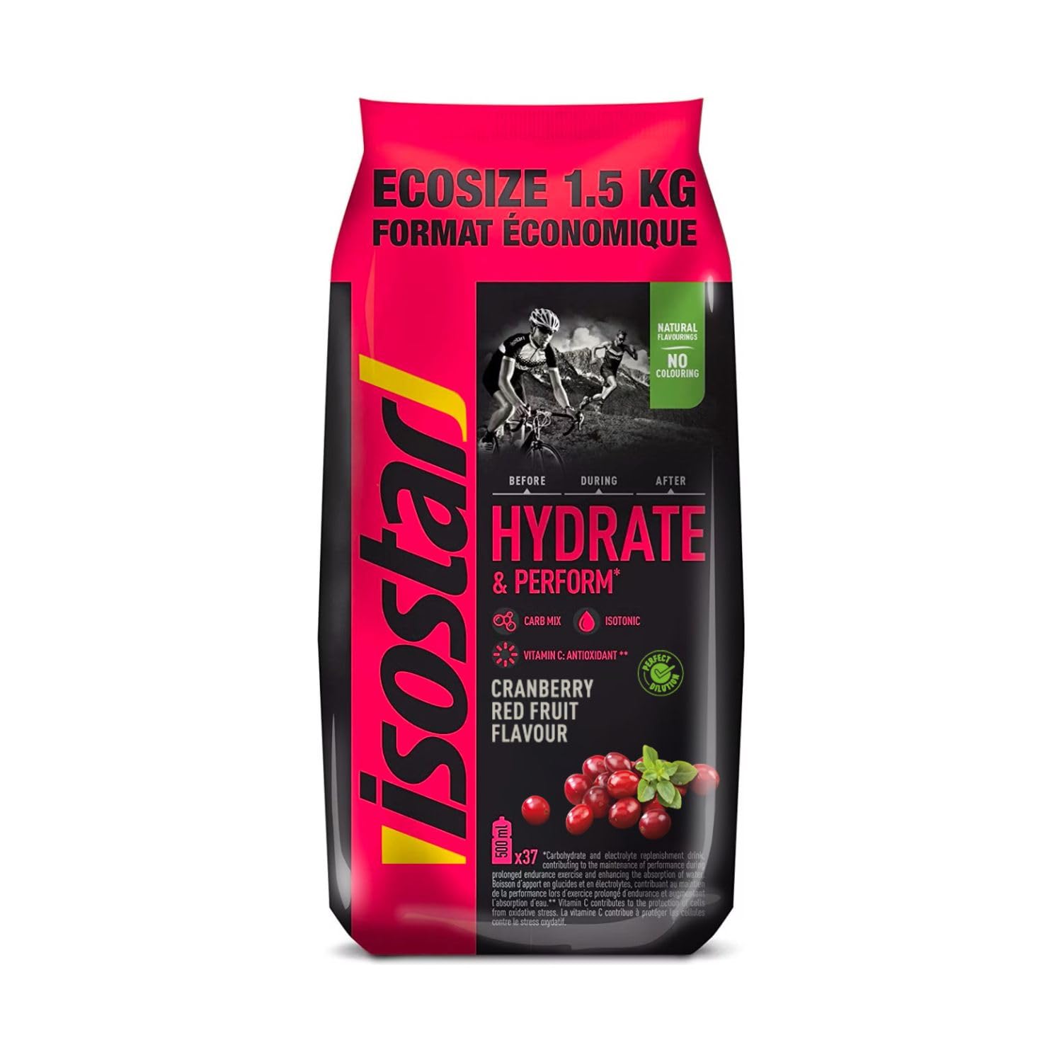 ISOSTAR – Hydrate & Perform Cranberry Rote Früchte – Isotonisches Sportgetränk mit Energie, Elektrolyten & Vitamin C/B1 – Für Laufen, Radfahren & Trail – 1,5 kg