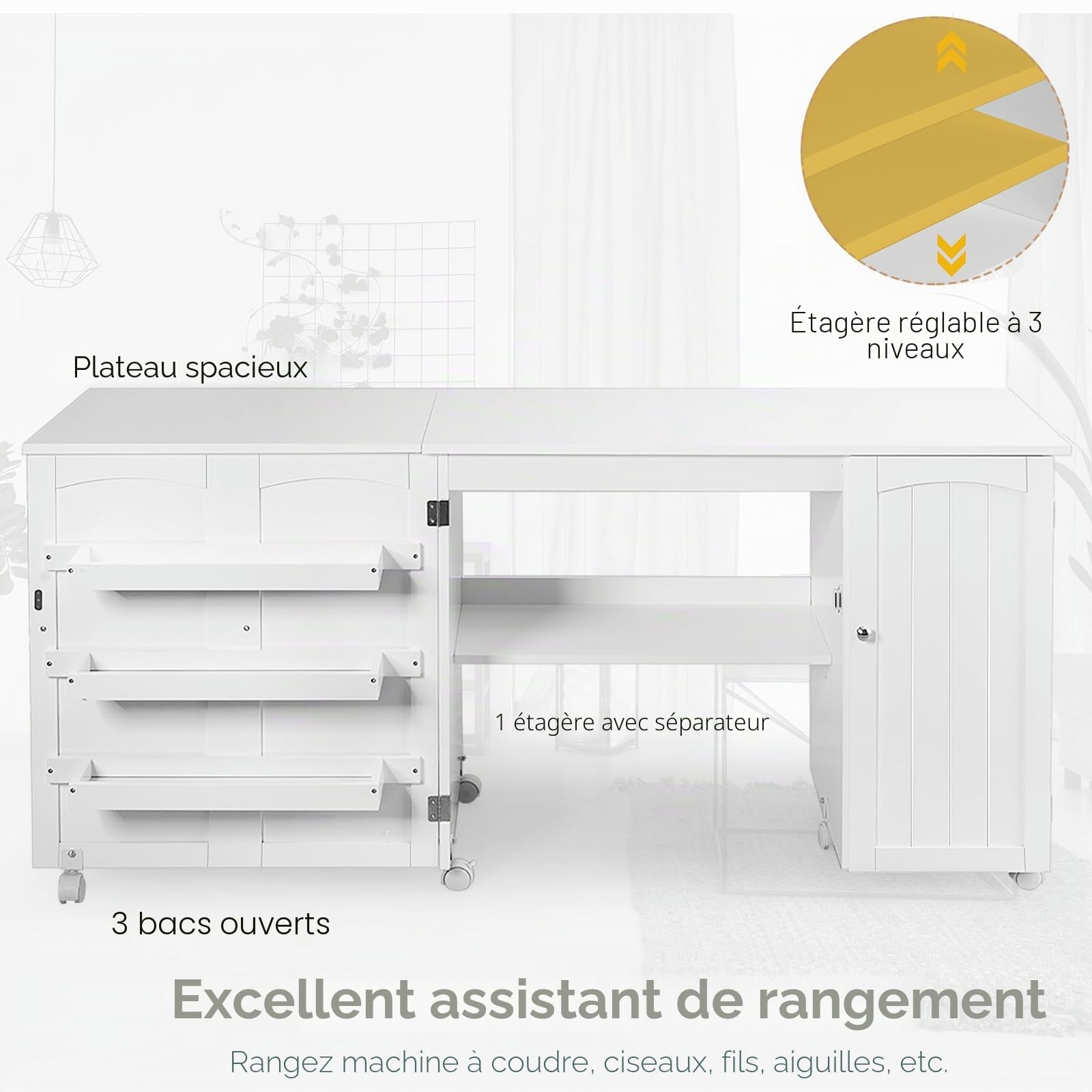 LIFEZEAL Armoire de Couture Pliable 3 en 1, Table pour Machine à Coudre Peu Encombrante, Bureau de Repassage 6 Roues, 3 Étagères, Large Étage, 158,5 x 50 x 74 cm (Blanc, L)