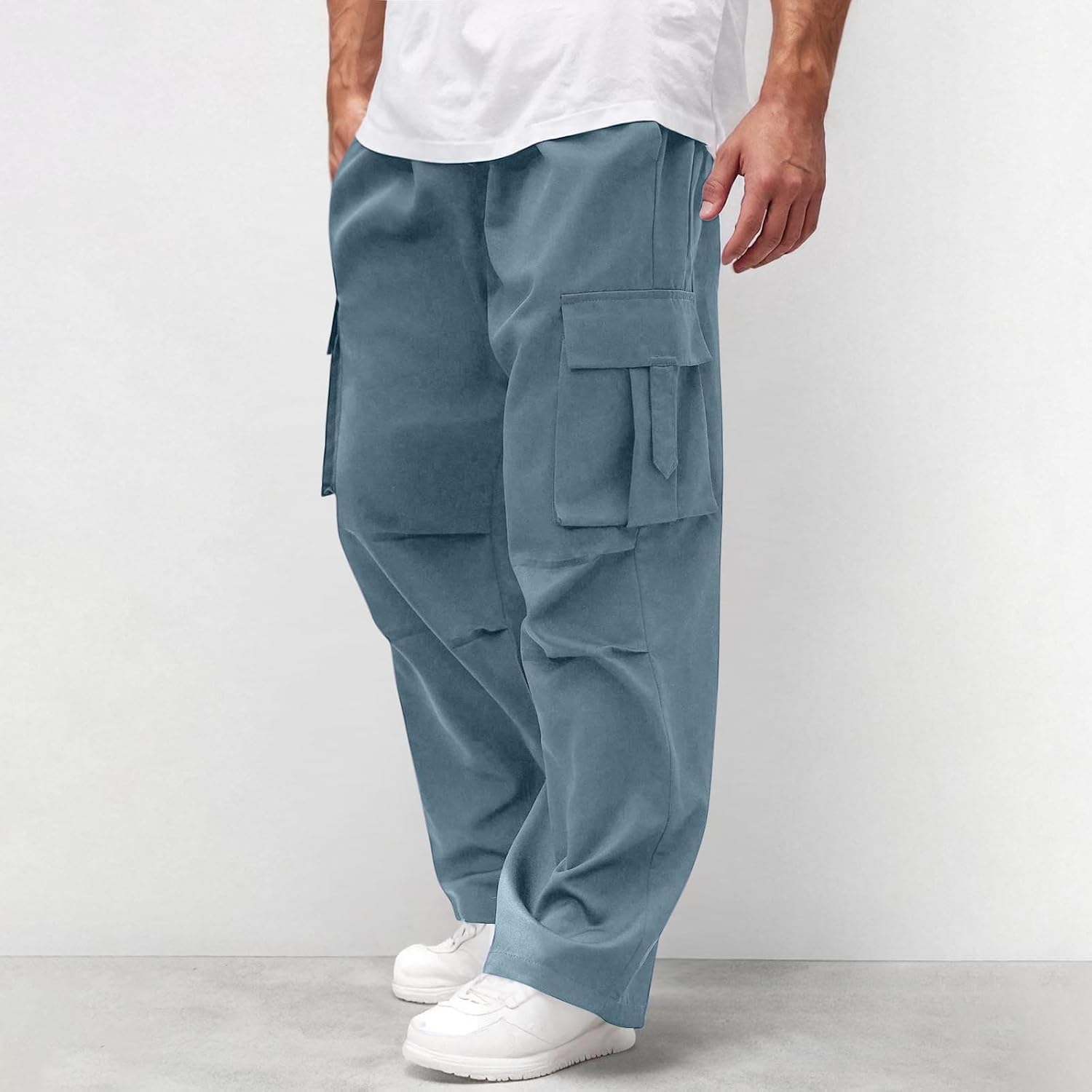 Mens Casual Cargo Pants Workout Jogger Pants Drawstring Elastic Waist Straight Leg Sweatpants with Multi Pockets