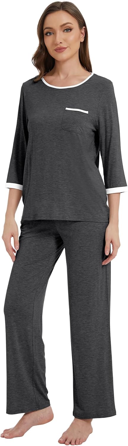 WiWi Womens Pajamas Viscose from Bamboo Super Soft Pajama Set 3/4 Sleeve Sleepwear Cooling Pjs with Pockets S-XXL