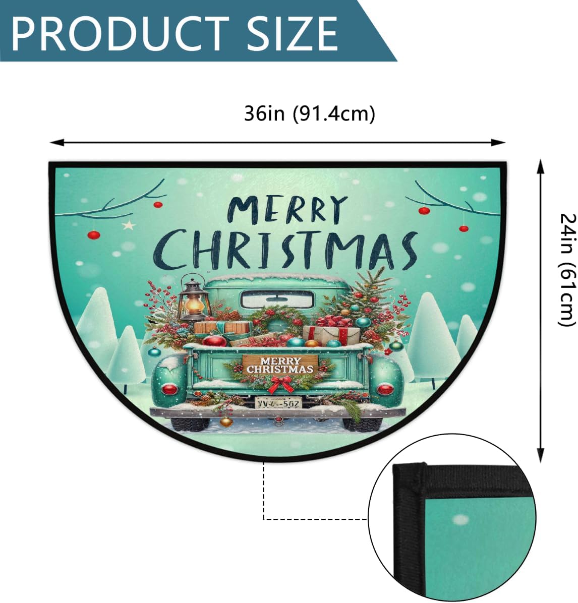 Half Round Door Mat Christmas Tree Green Truck Non-Slip Soft Semi Circle Rug Washable Half Moon Welcome Entrance Doormat for Outdoor Indoor Floor Bedroom Bathroom Home Kitchen Festival Decor Gift