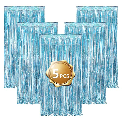 Eowppue Cortina De Oropel 5 Piezas Azul Claro Metálica Cortina De Flecos Decoracion Fiesta Decoración Bautizo Boda Navidad Ideal Para Decoración Cumpleaños （3.28 X 6.56 Pies）