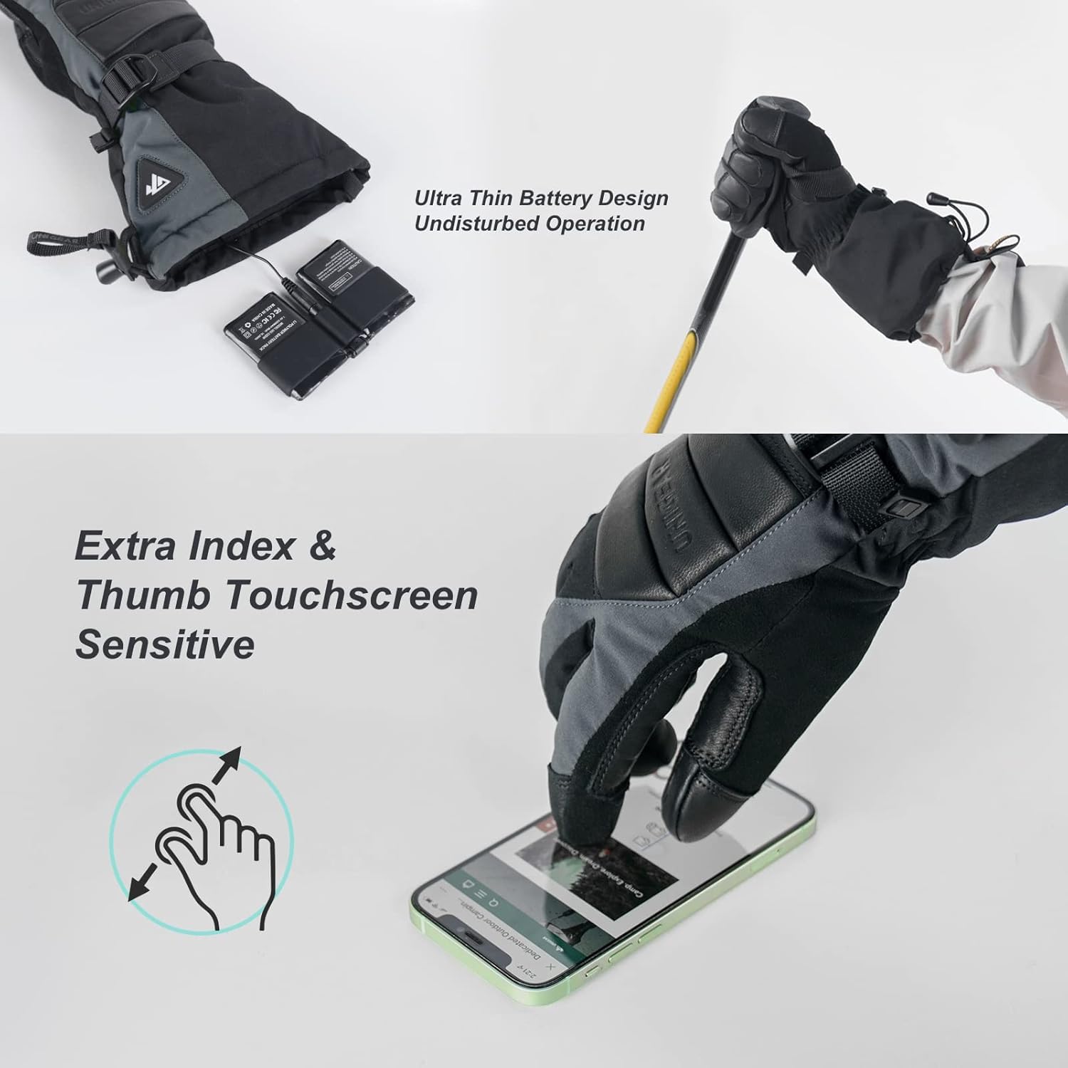Unigear Gants Chauffants Rechargeables, Gants de Ski Chauffants à Batterie avec 3 Niveaux de Chauffage, Gants Chauffants Électriques à Écran Tactile pour Le Ski, Le Snowboard et Les Raynauds