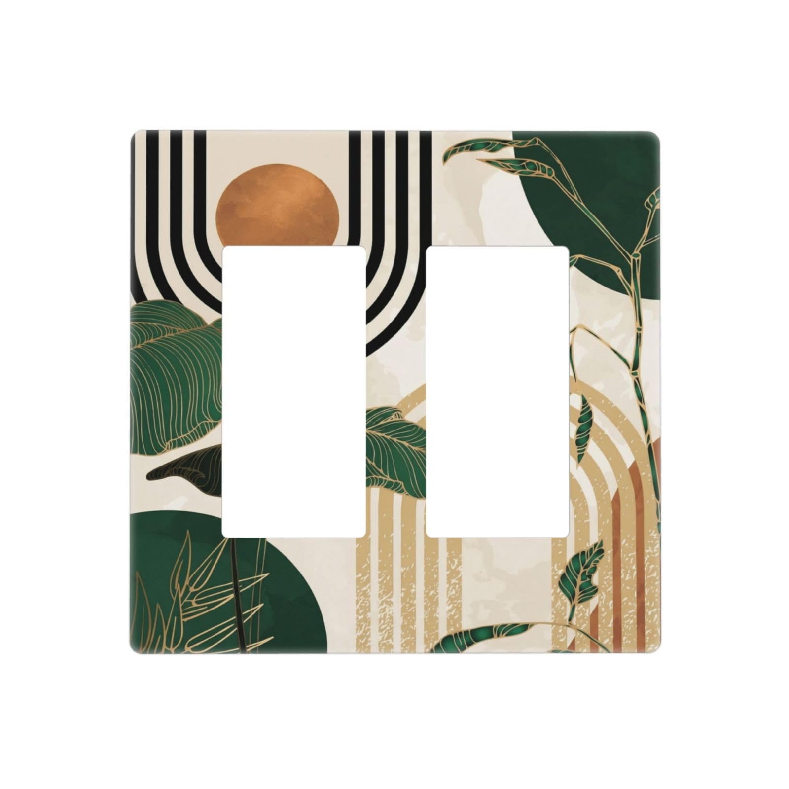Mid Century Green Boho Sun Leaf Decorative 2 Gang Double GFCI Decorator Rocker Light Switch Cover Outlet Wall Plate Electrical Faceplate Screwless