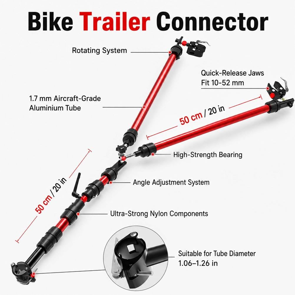 Giunto per Rimorchio Bici, Barra Collegamento Alluminio 50 Cm per Bici, E-Bike e Scooter, Asta Regolabile con Sgancio Rapido per Carrelli Animali, Campeggio ed Escursioni